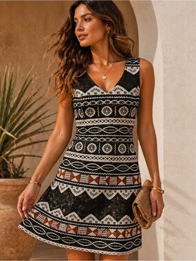 Nanette Lepore Boho Tribal Print A-Line Mini Dress Sz 6 Black Cream Rust Resort
